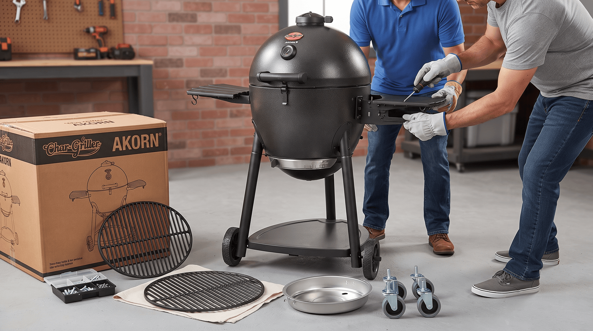 Two people attaching side shelves to a graphite steel kamado on its cart