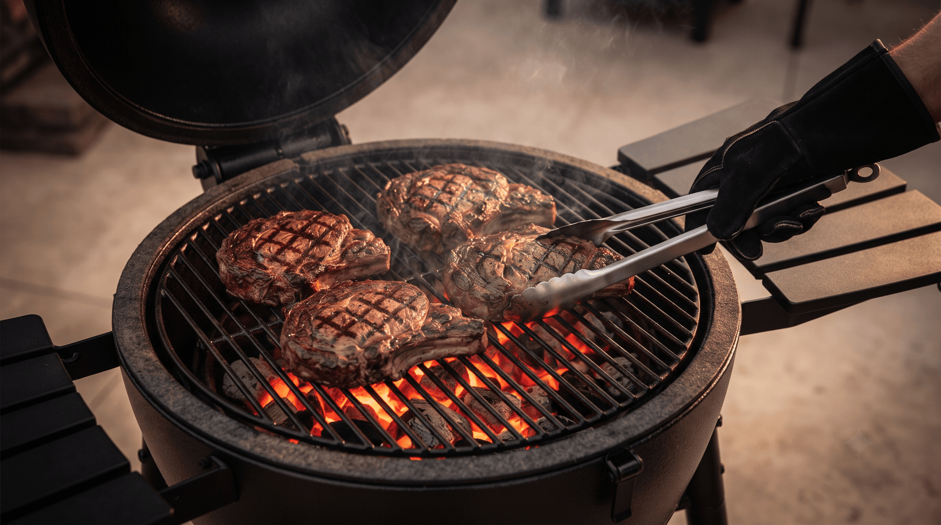 Ribeyes searing on a cast iron grate over glowing lump charcoal in a steel kamado