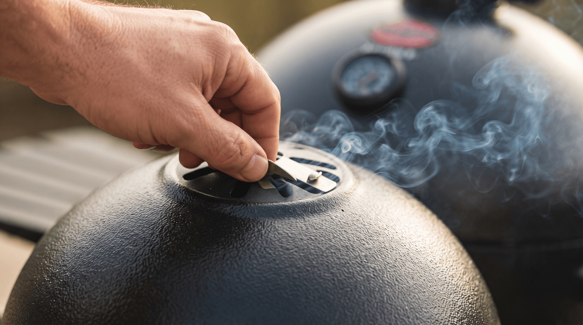 Hand adjusting the top slide damper on a graphite steel kamado lid with smoke rising