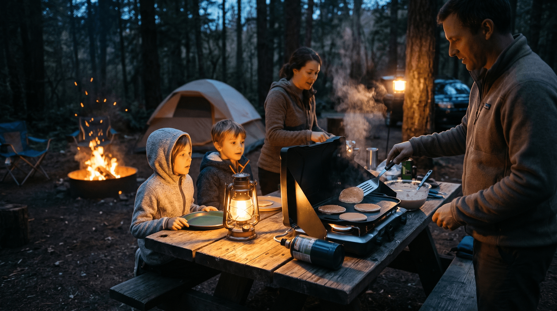 Family gathered at a campsite while one adult cooks pancakes on a Coleman Triton two-burner propane stove