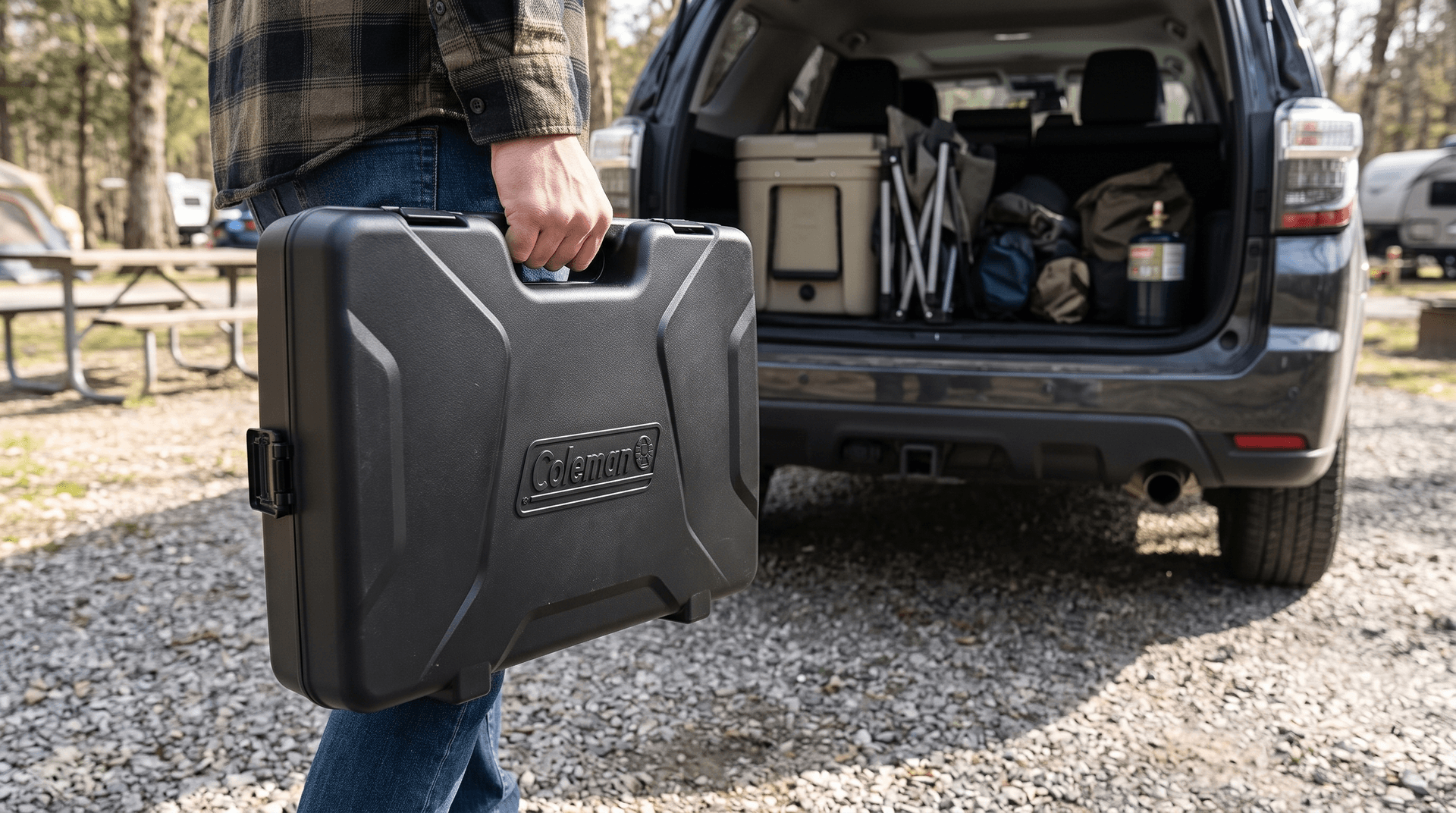 Person carrying a closed Coleman Triton camp stove by its handle toward an SUV packed with a cooler and propane cylinder