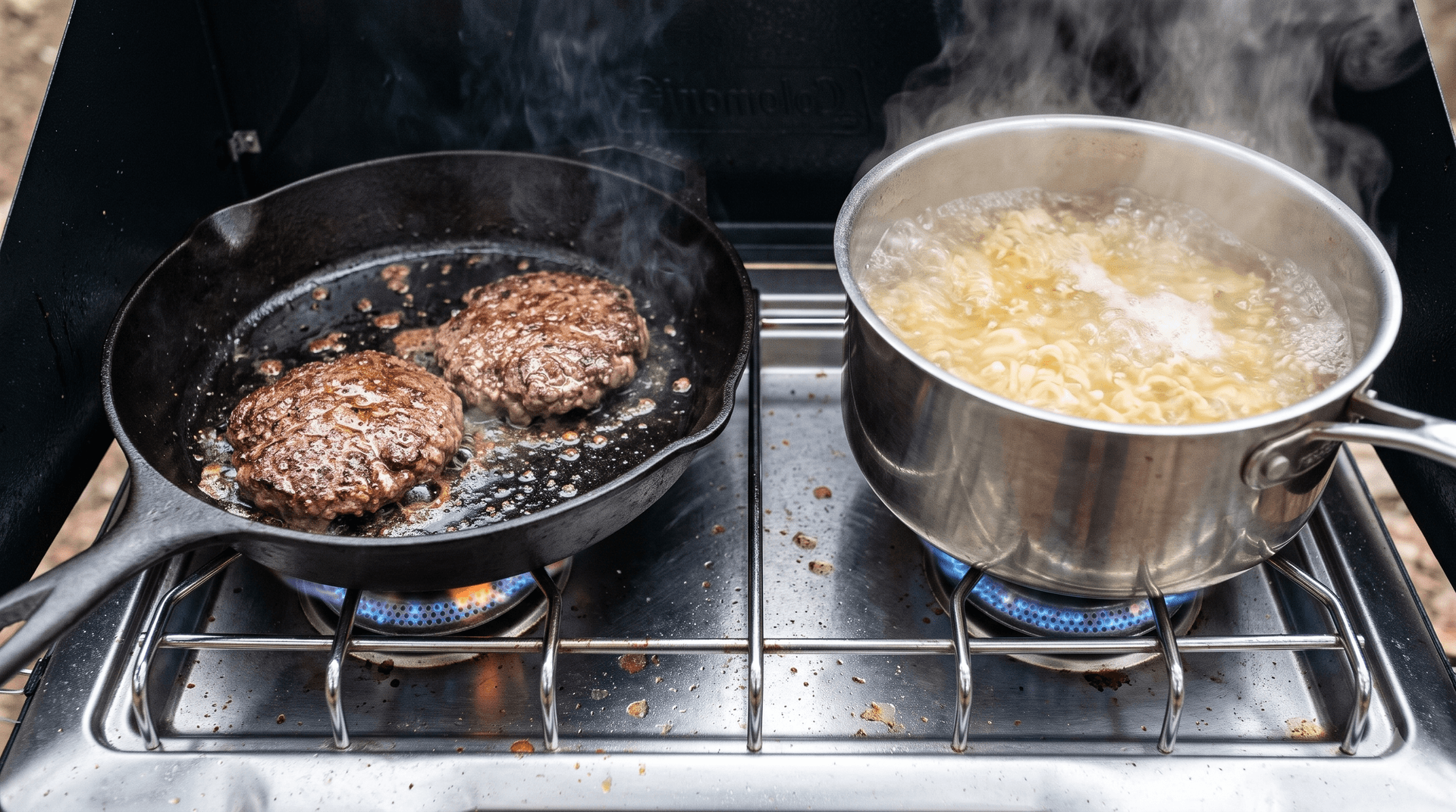 12-inch skillet of burgers and a 10-inch pot of boiling water side by side on a Coleman Triton two-burner stove