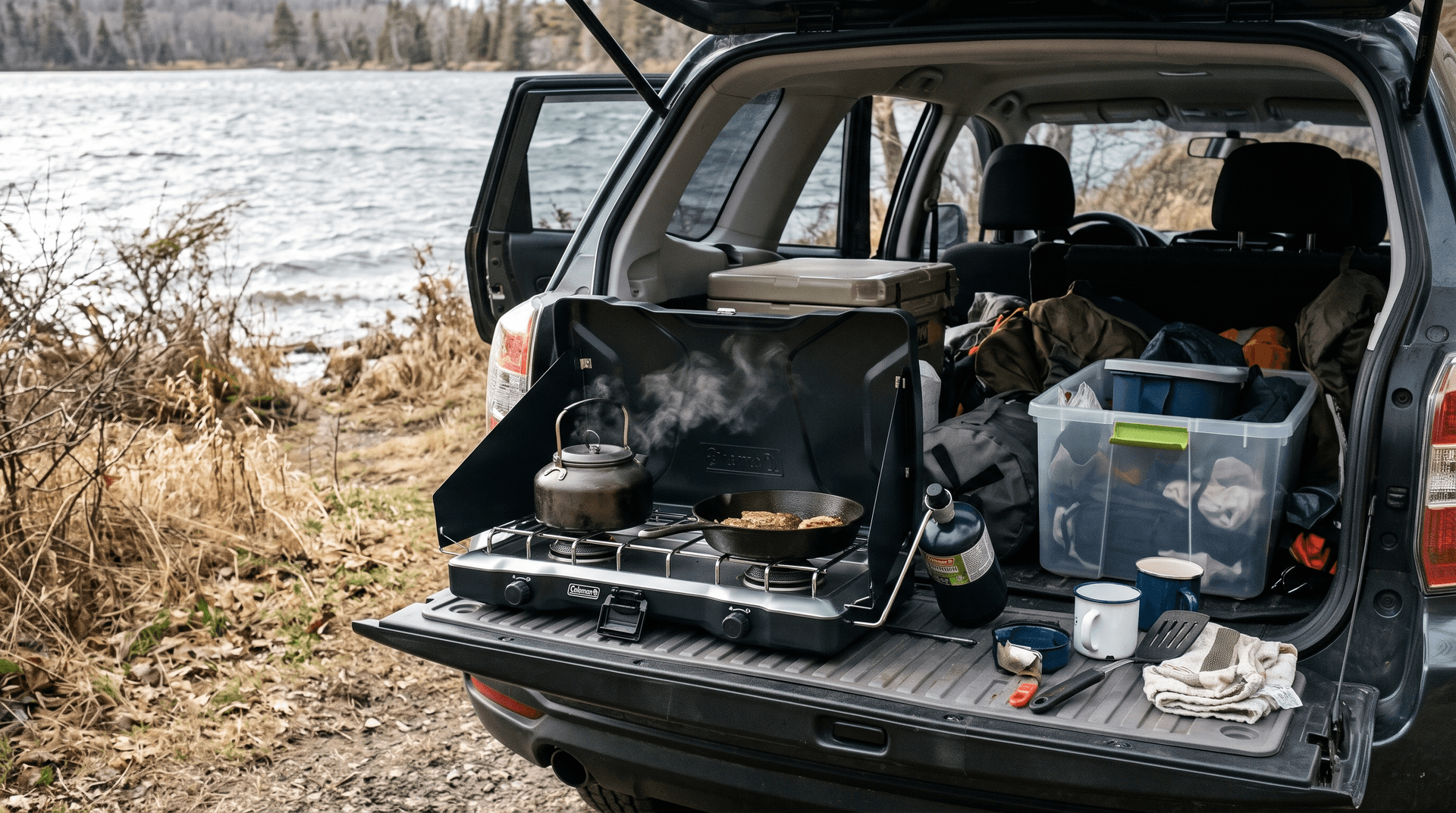 Coleman Triton stove with both side wind guards raised, cooking on an SUV tailgate on a windy lakeshore