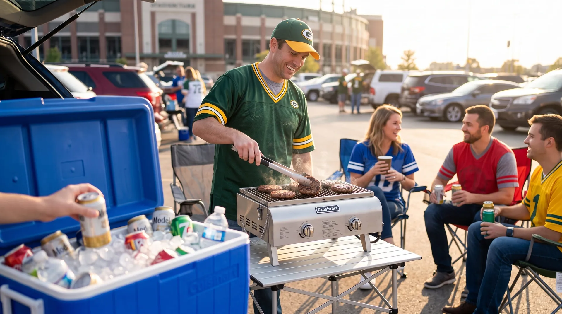 Tailgate group gathered around the Cuisinart grill on a folding table next to a cooler