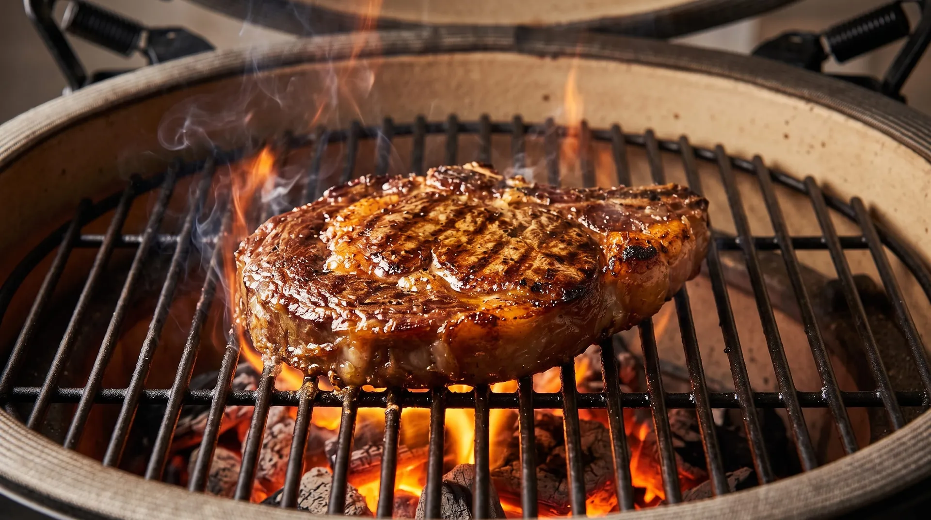 Ribeye with grill marks searing on a cast grate over flaming lump charcoal in a kamado