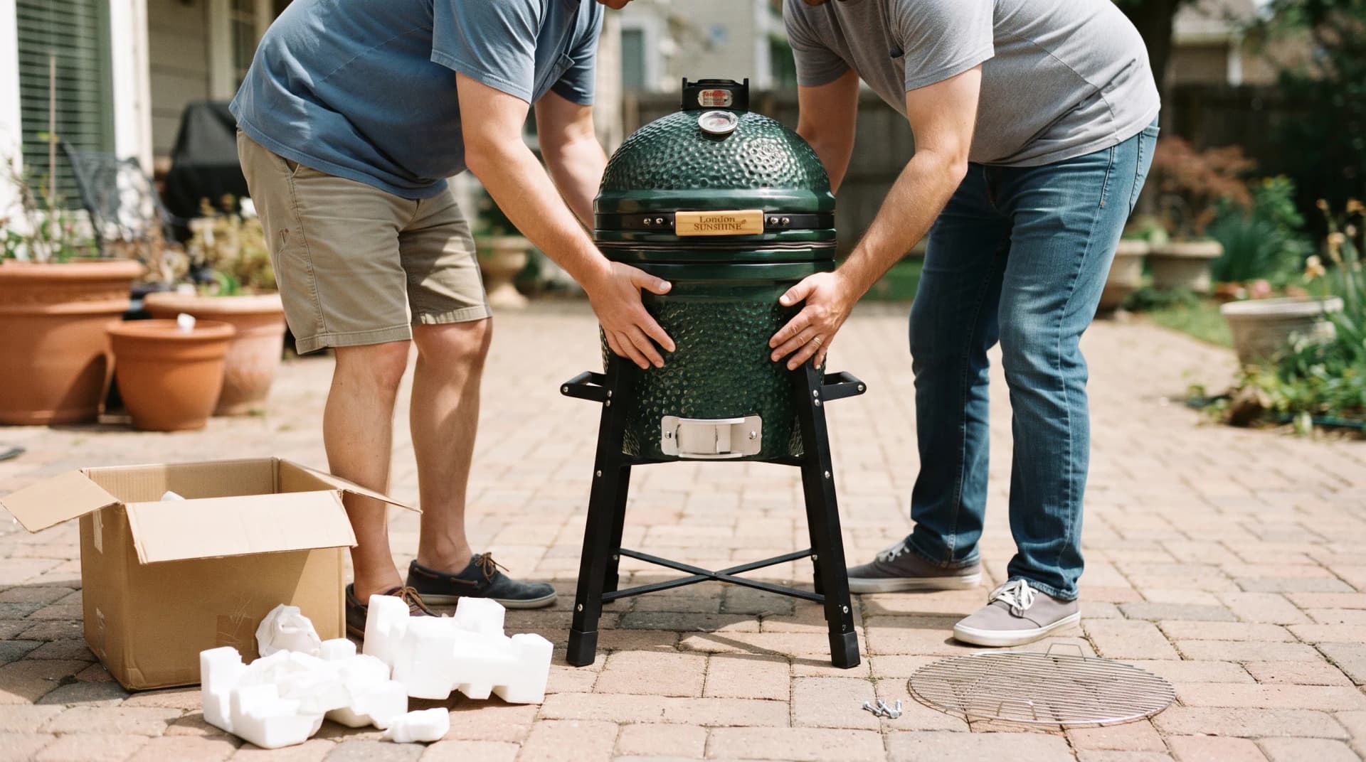 Two people lifting a green ceramic kamado body onto its cast iron stand