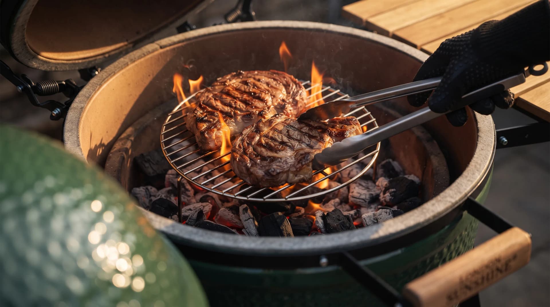 Two ribeyes searing over glowing lump charcoal on a small stainless kamado grate