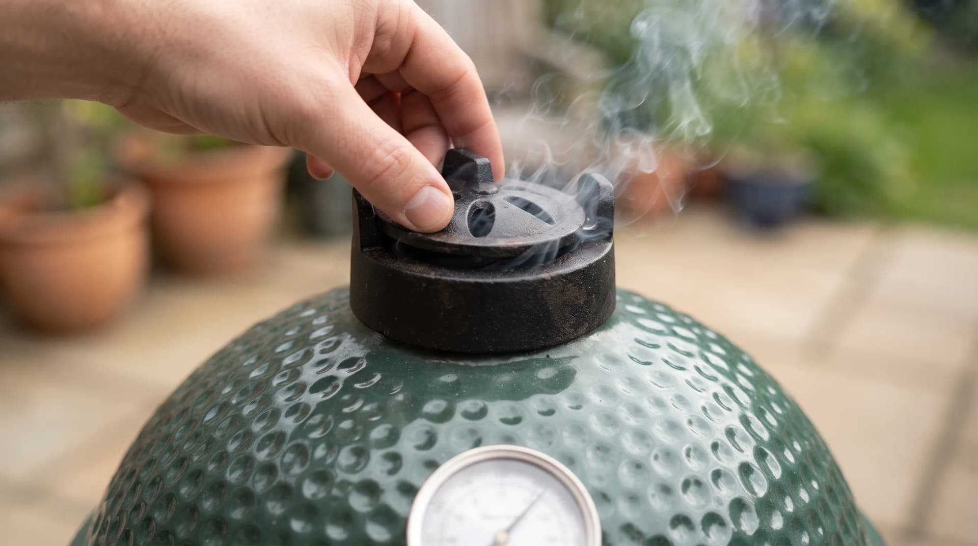 Hand adjusting the cast iron top vent on a green ceramic kamado dome
