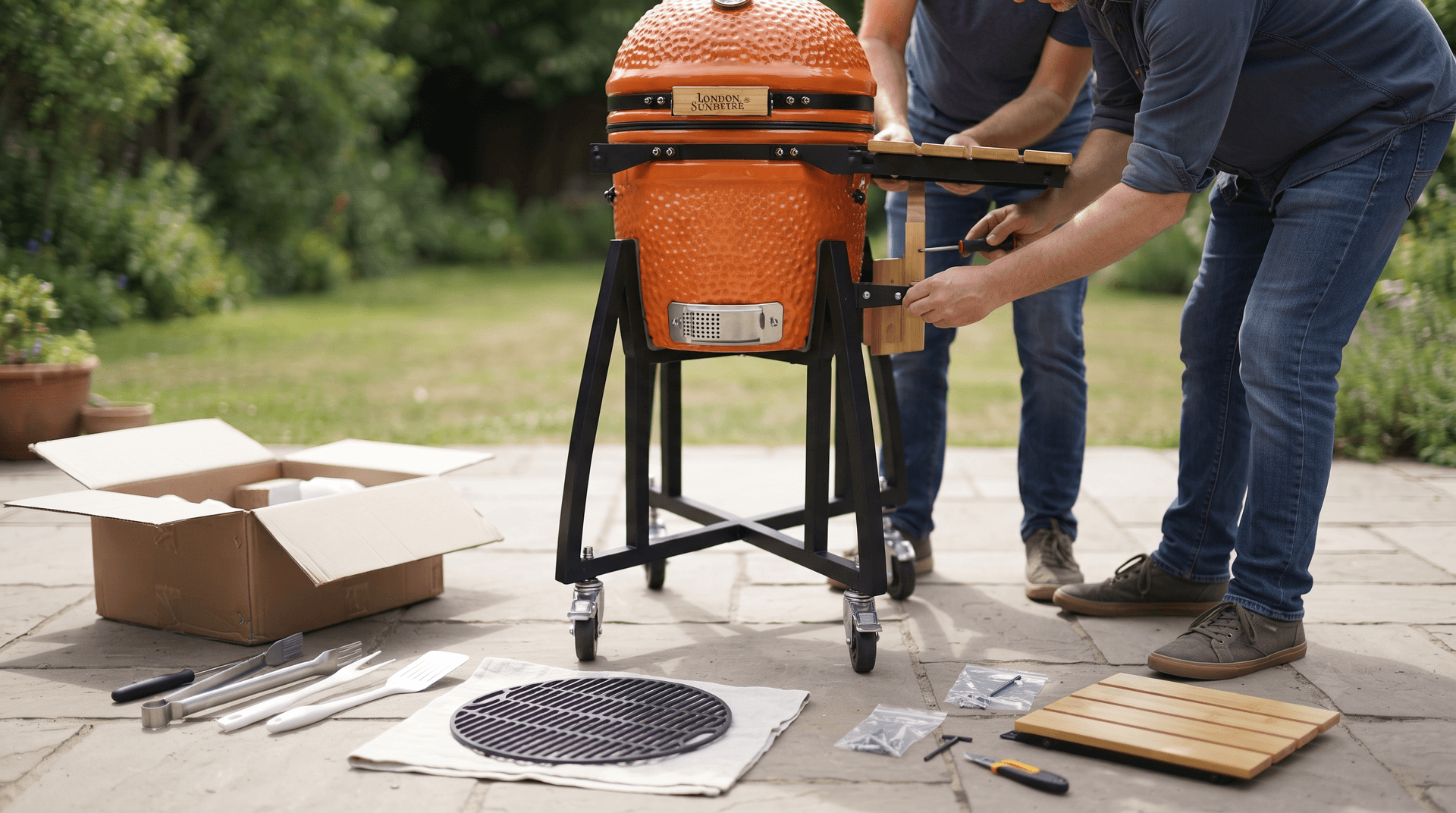 Two people fitting a folding side shelf to a small ceramic kamado on its cart