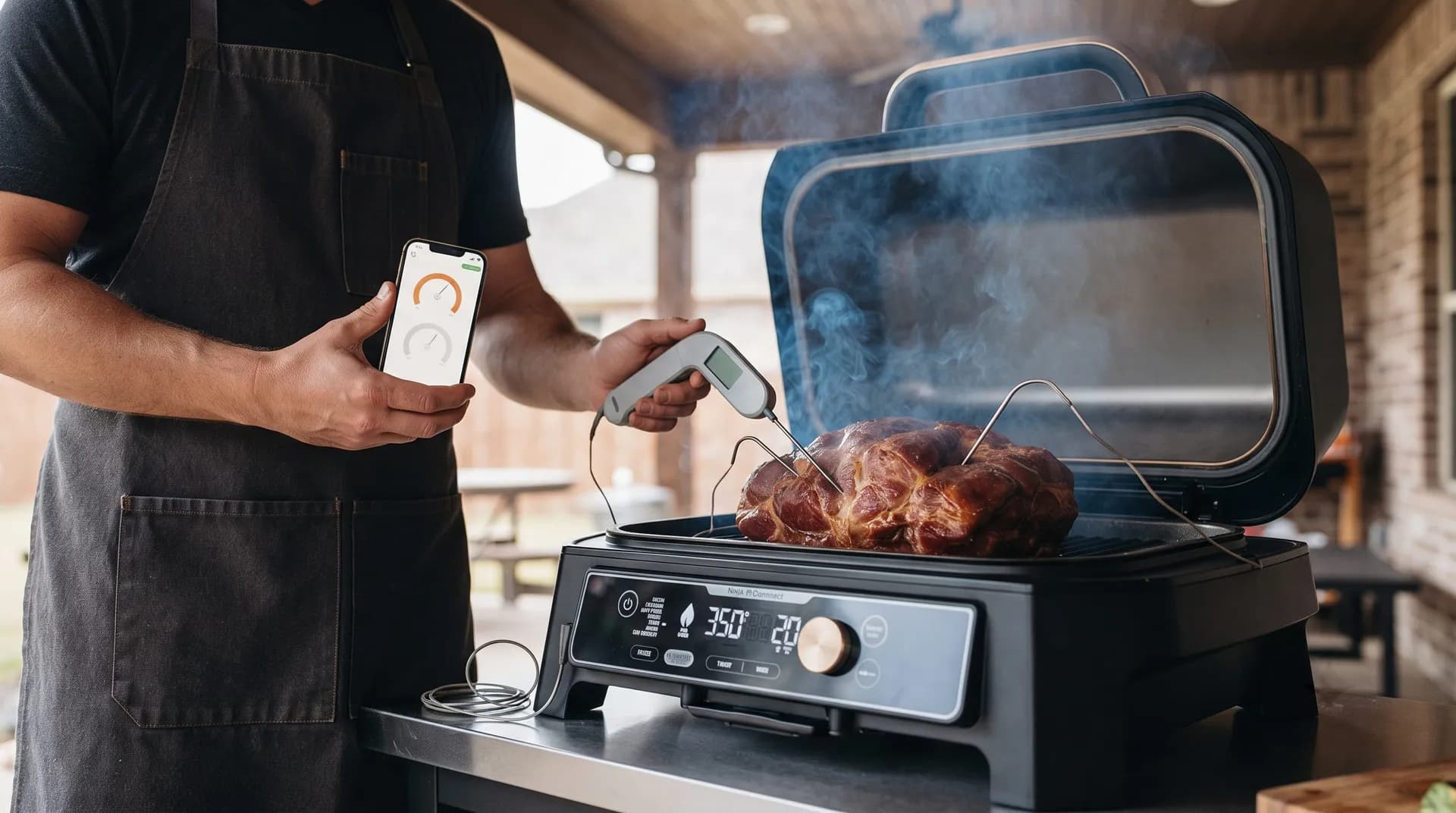 Man checking two built-in probes in a pork shoulder while reading the app on his phone