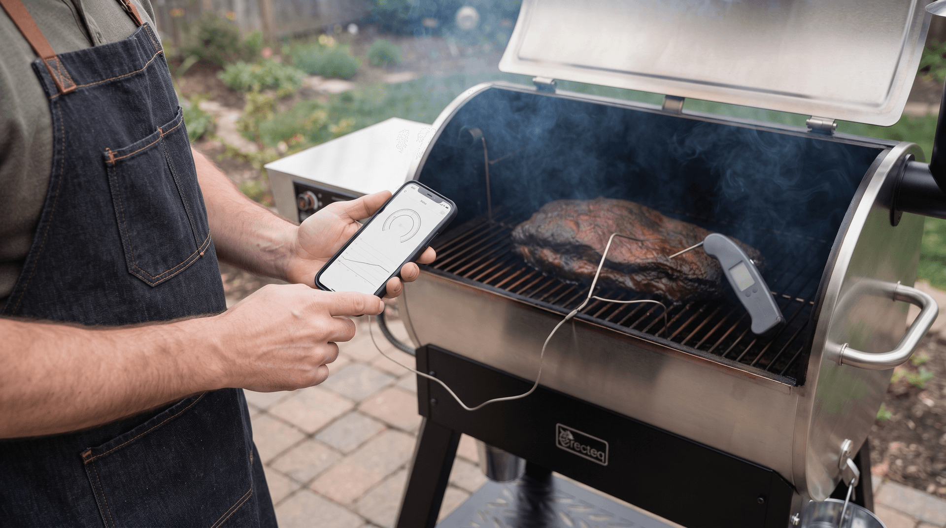 Cook checking a phone app beside a large stainless pellet grill with a probe in a brisket