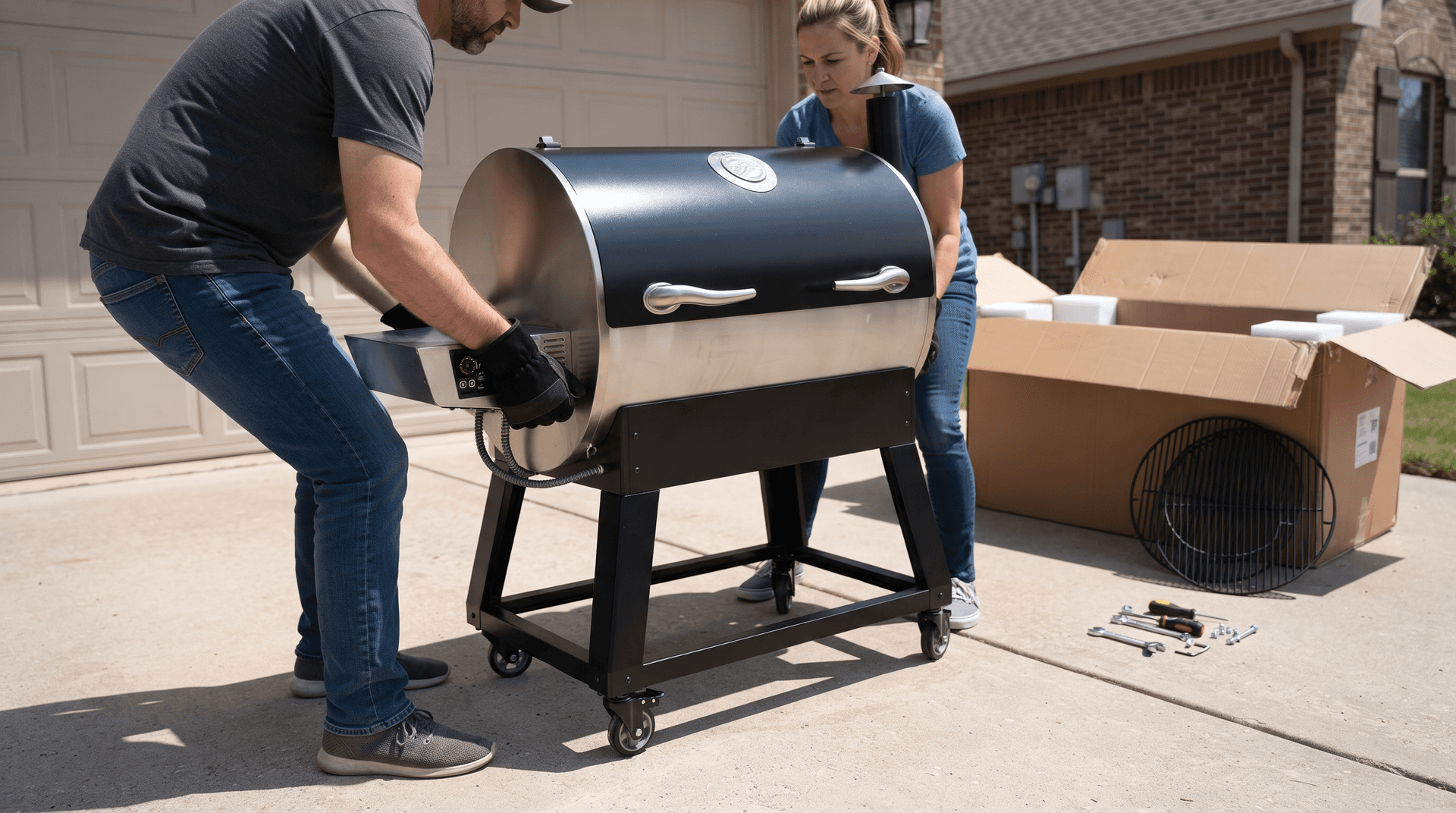 Two people lifting the barrel of a stainless pellet grill onto its cart in a driveway
