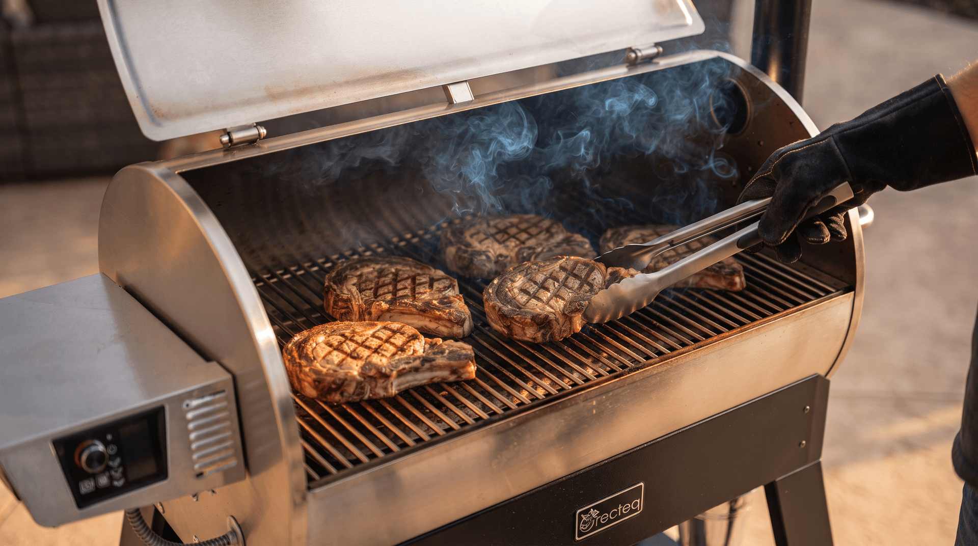 Thick ribeyes with grill marks on the stainless grate of a large pellet grill