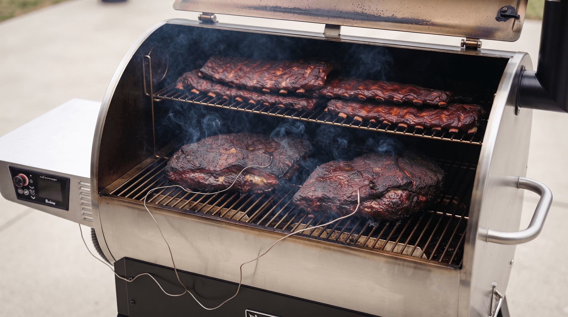 Two briskets and several racks of ribs smoking on the grates of a large stainless pellet grill