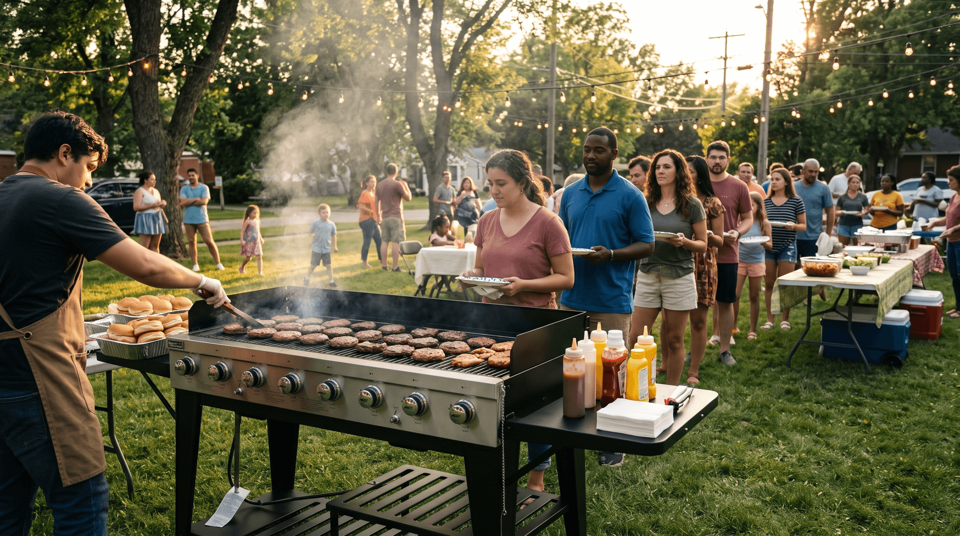 Large group of friends around a wide eight-burner propane grill at a backyard block party
