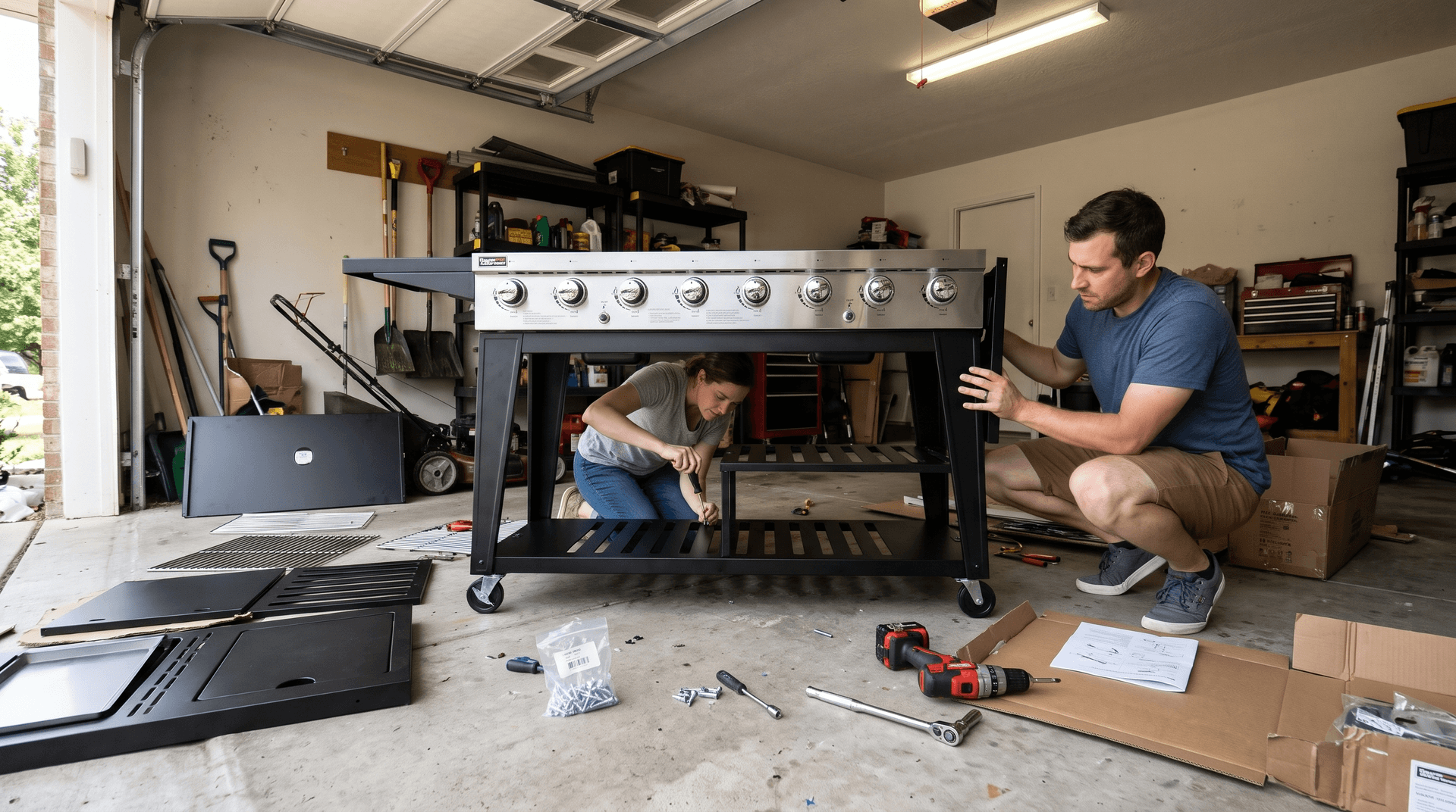 Two people assembling a wide eight-burner gas grill on a garage floor with parts laid out
