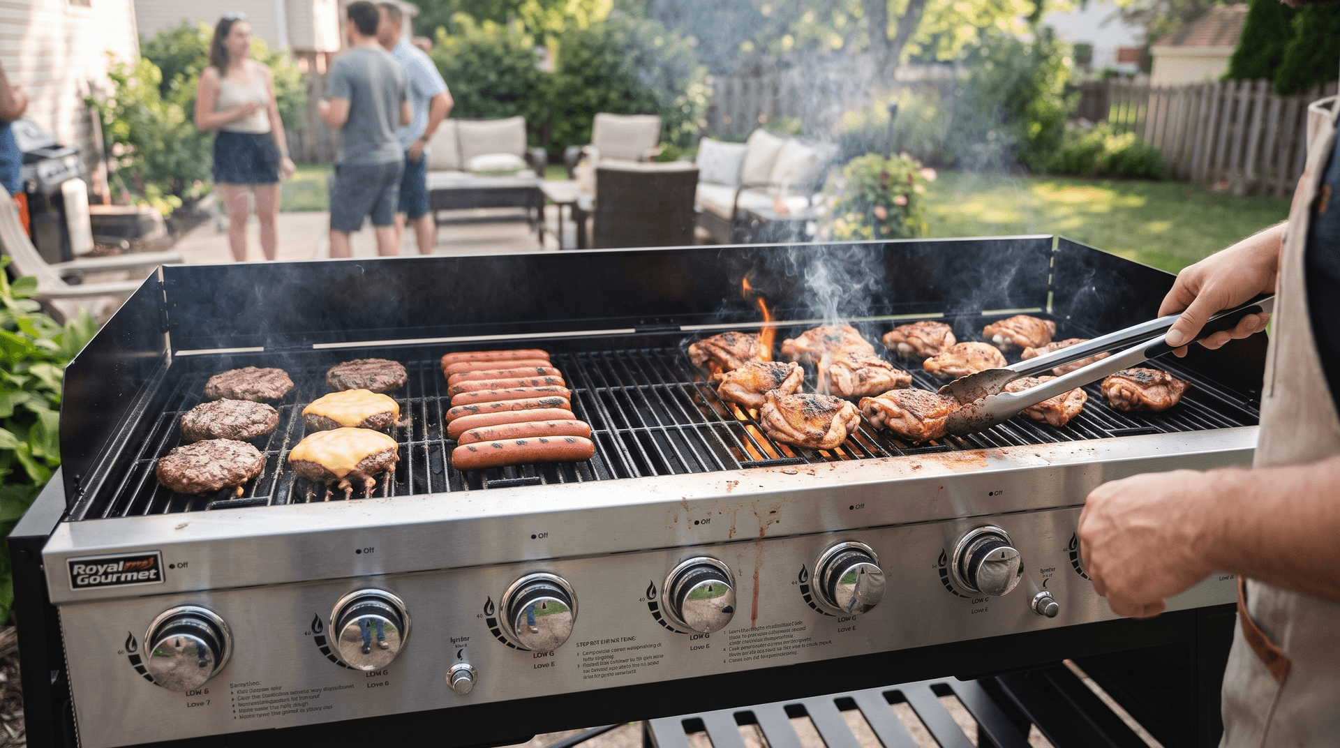 Burgers and hot dogs filling the left zone and chicken thighs on the right zone of an eight-burner grill
