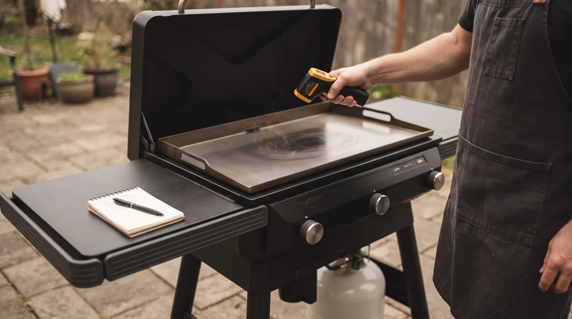 Man aiming an infrared thermometer at the steel top of a Traeger Flatrock griddle beside a notepad