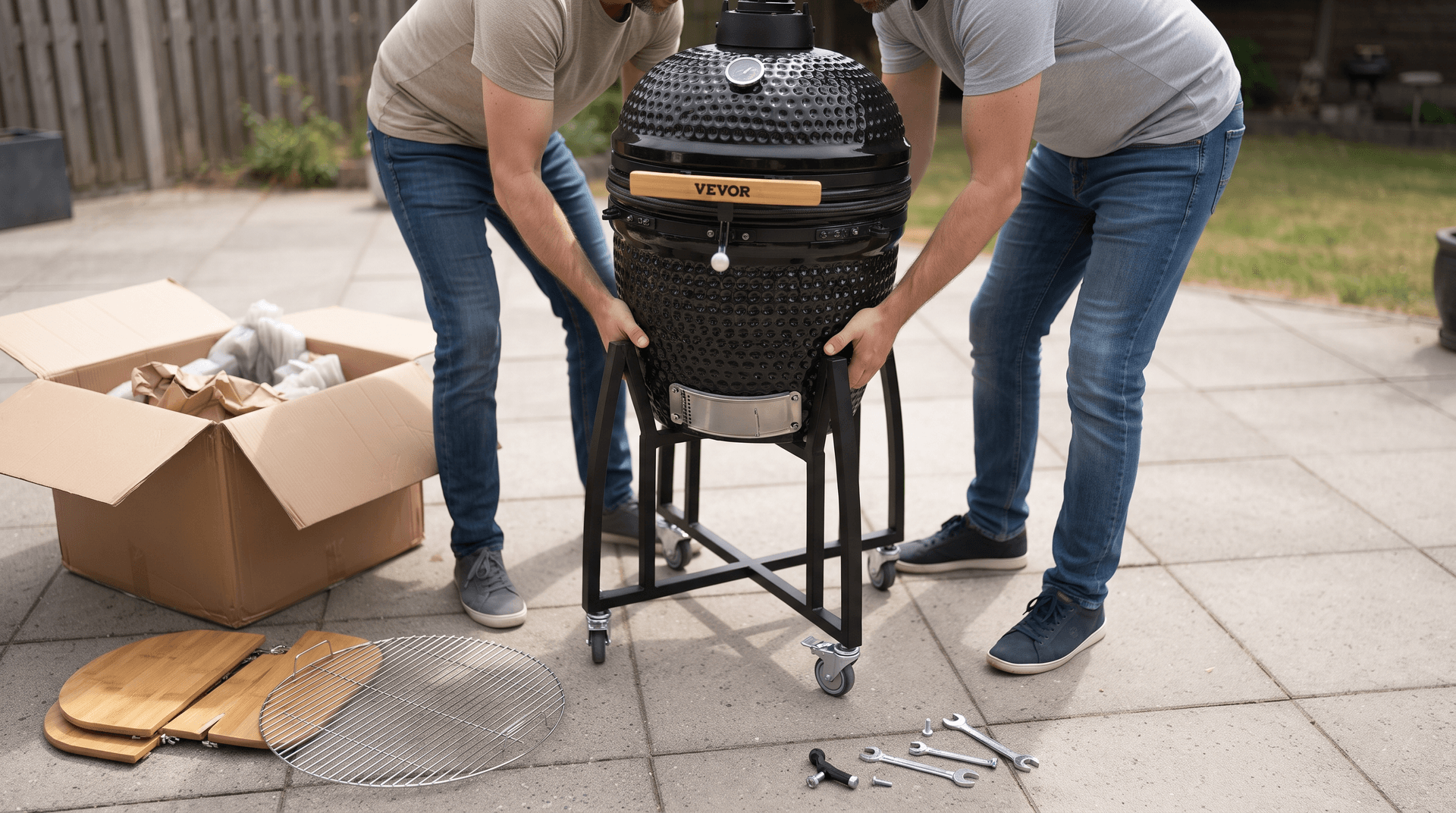 Two people lowering a black ceramic kamado body into its wheeled cart on a patio
