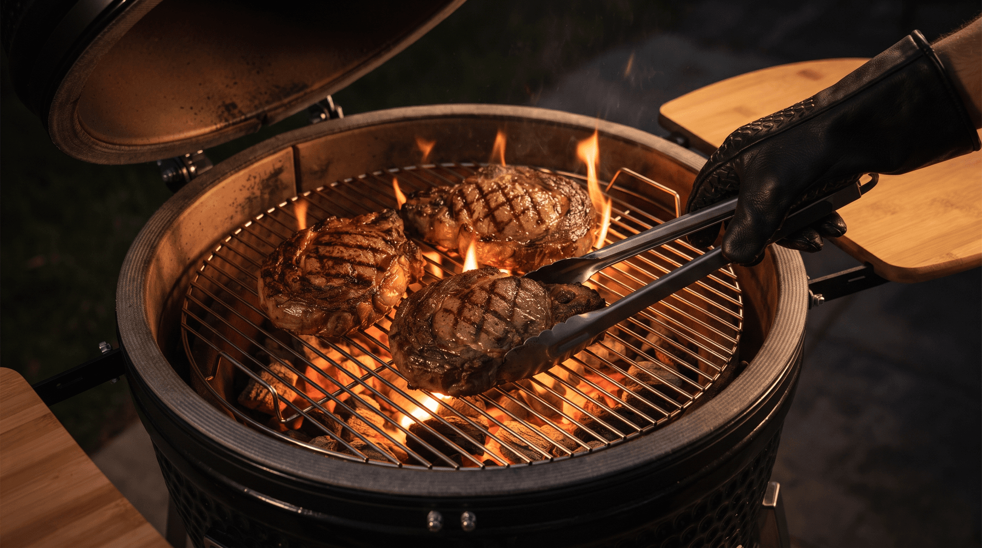 Three ribeyes searing over glowing lump charcoal on a stainless kamado grate