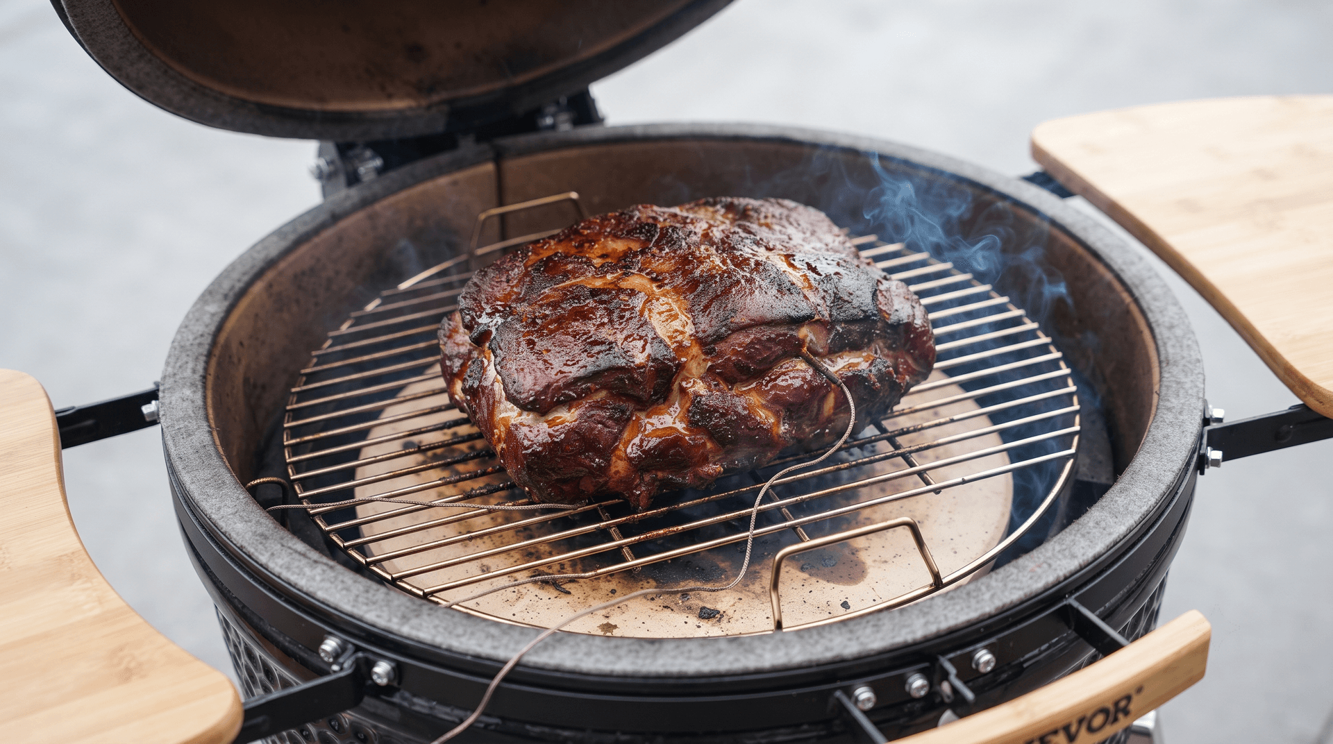 Pork shoulder with dark bark on the grate of a black ceramic kamado with a probe wire running out