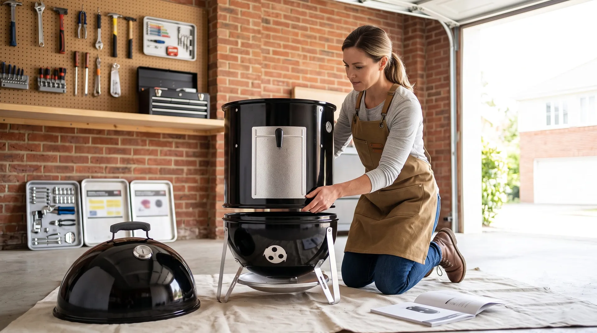Woman stacking the center section of a Weber Smokey Mountain onto its bowl in a garage