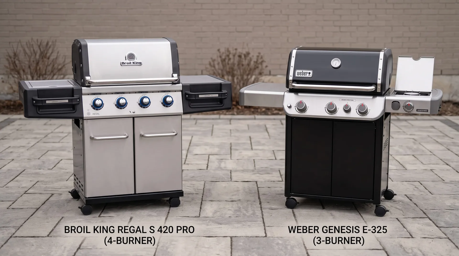 Stainless Broil King Regal S 420 Pro four-burner gas grill beside a black Weber Genesis E-325 on a paver patio