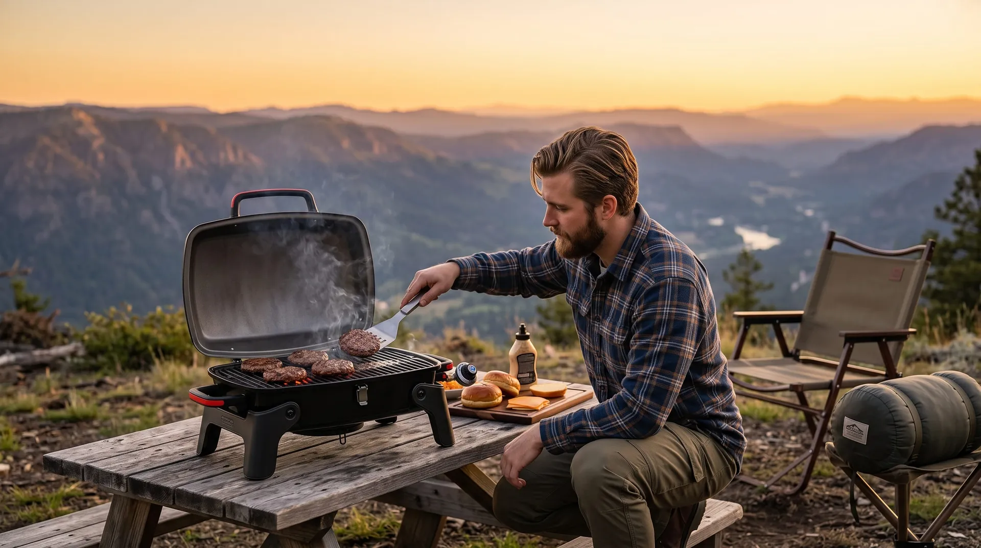 Man grilling burgers on the Megamaster at a picnic table overlooking a mountain valley at sunset