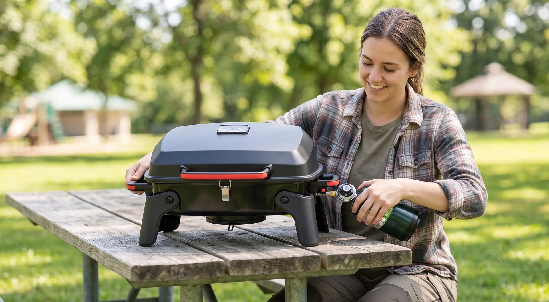 Woman attaching a 1 lb propane cylinder to the regulator of the Megamaster tabletop grill on a park table