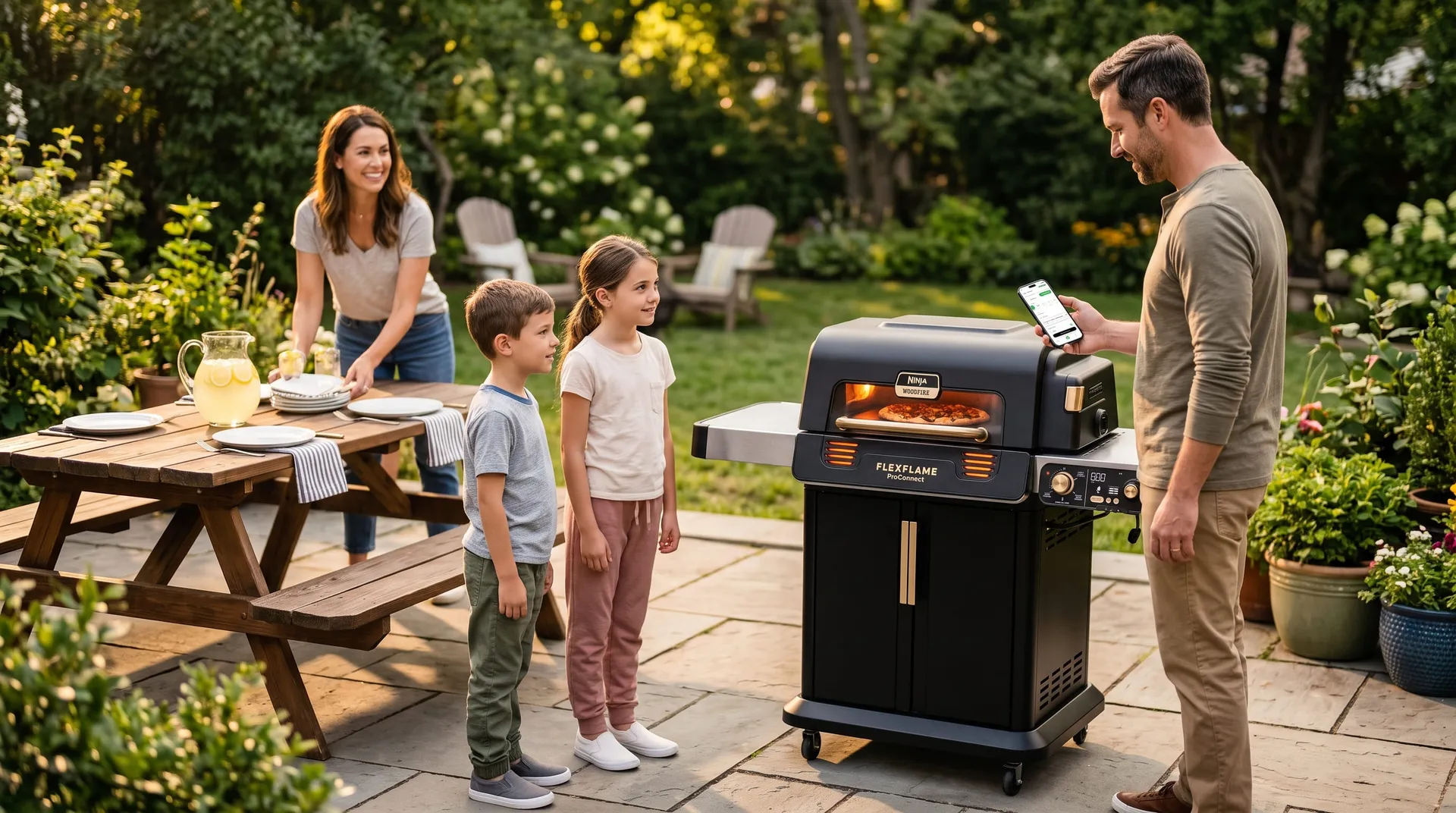 Man checking a phone app beside a closed Ninja FlexFlame grill as his family sets a patio table