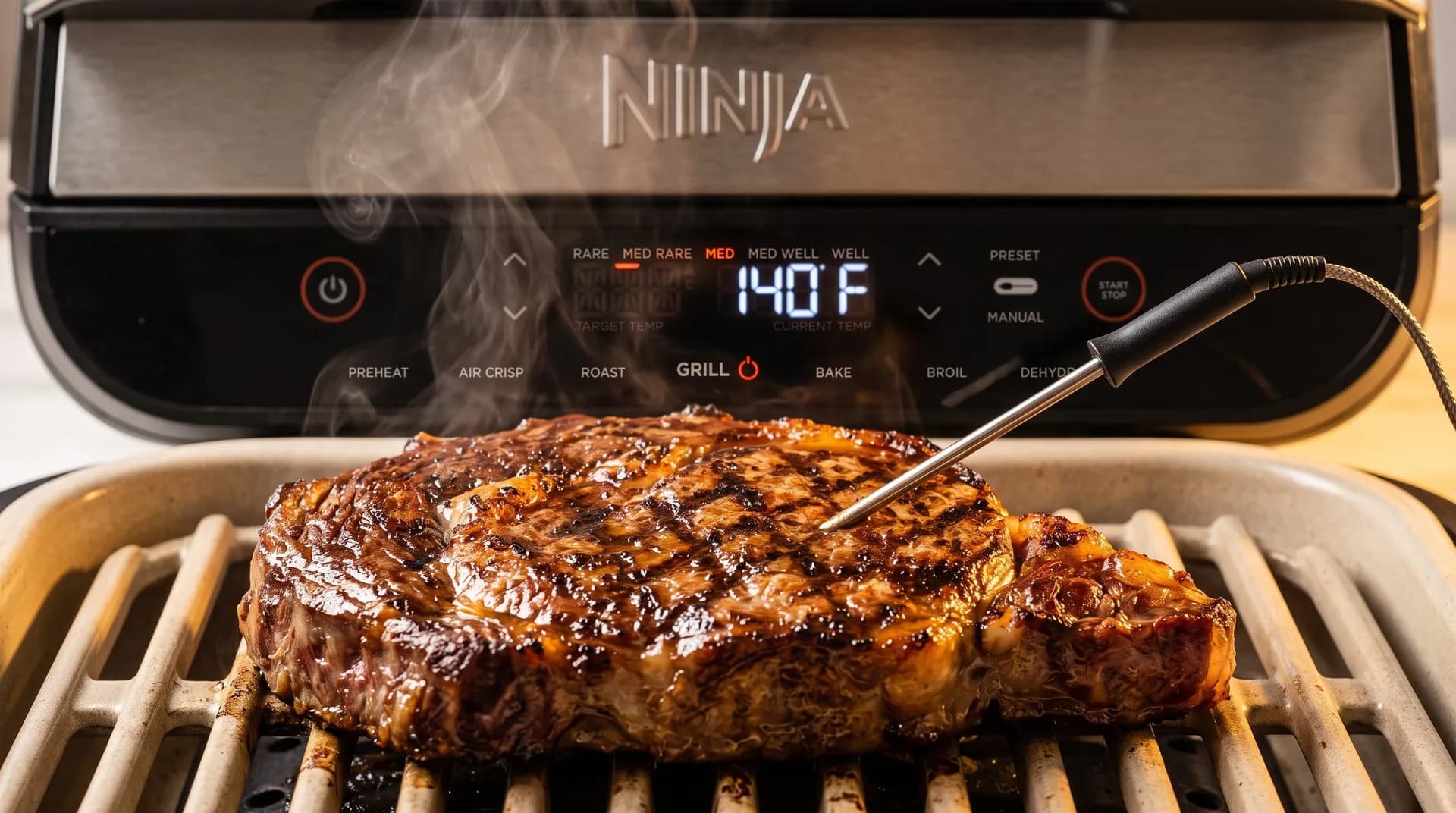 Grilled steak with a probe inserted on a nonstick grate below a Ninja display reading 140F and Med doneness