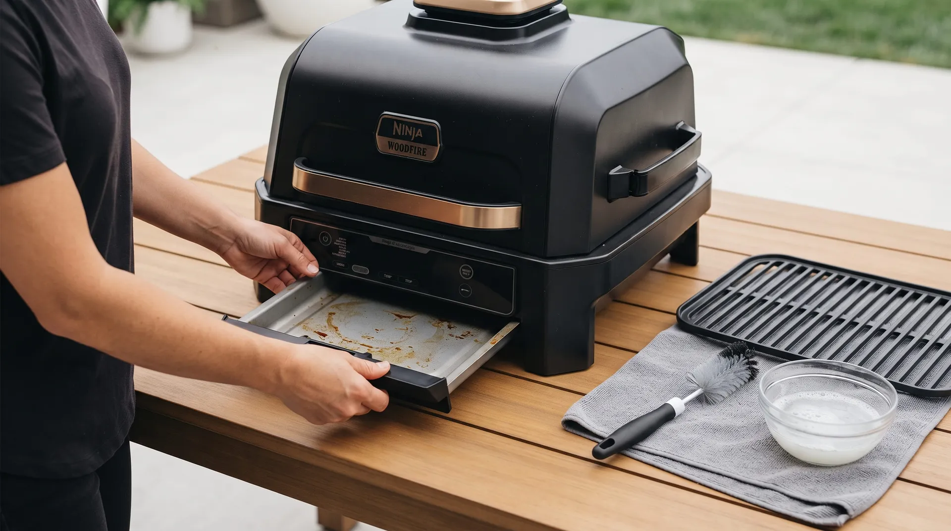 Hands sliding the grease tray out of a Ninja Woodfire ProConnect XL on a patio table