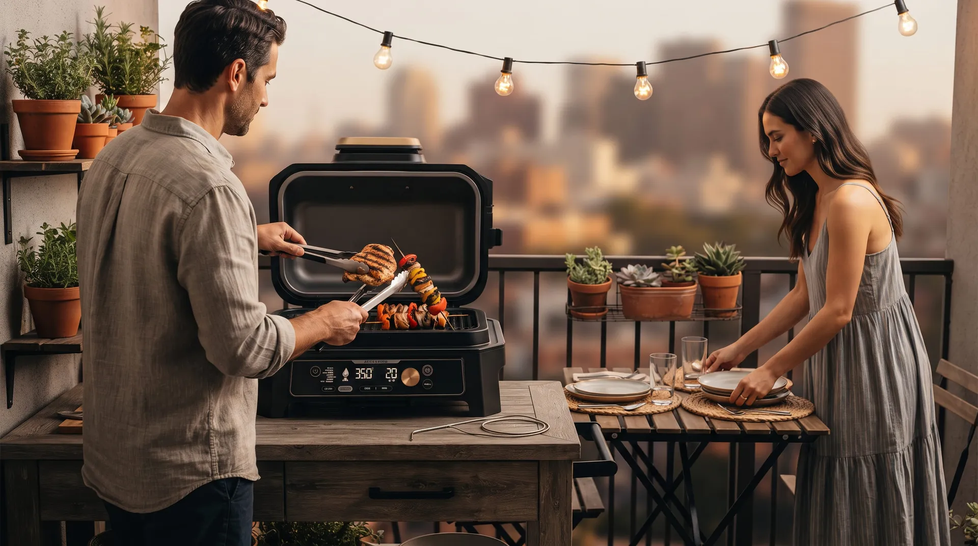 Couple serving grilled food from a Ninja Woodfire grill at a small balcony table