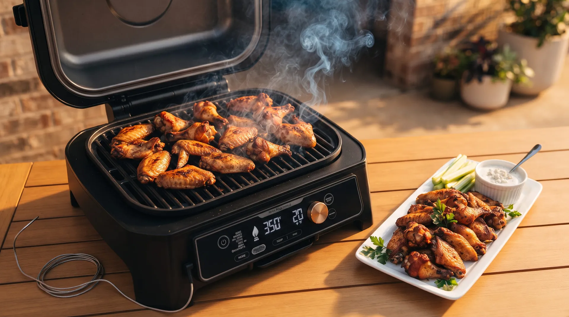 Crispy smoked chicken wings in the Ninja Woodfire ProConnect XL after Air Crisp mode