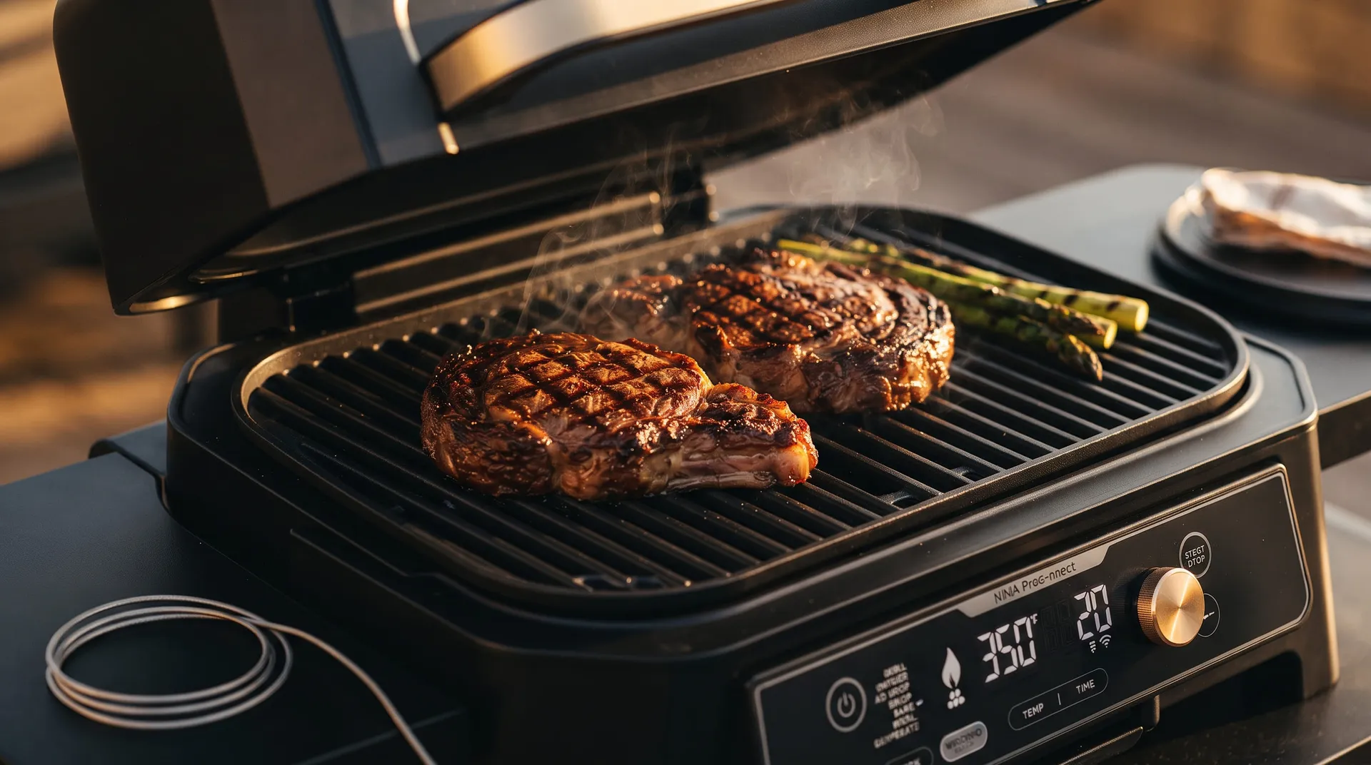 Two ribeye steaks with dark grill marks searing on the Ninja Woodfire ProConnect XL grate