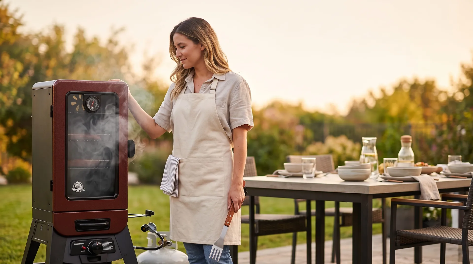 Woman in an apron beside a red vertical propane smoker near a set patio dining table