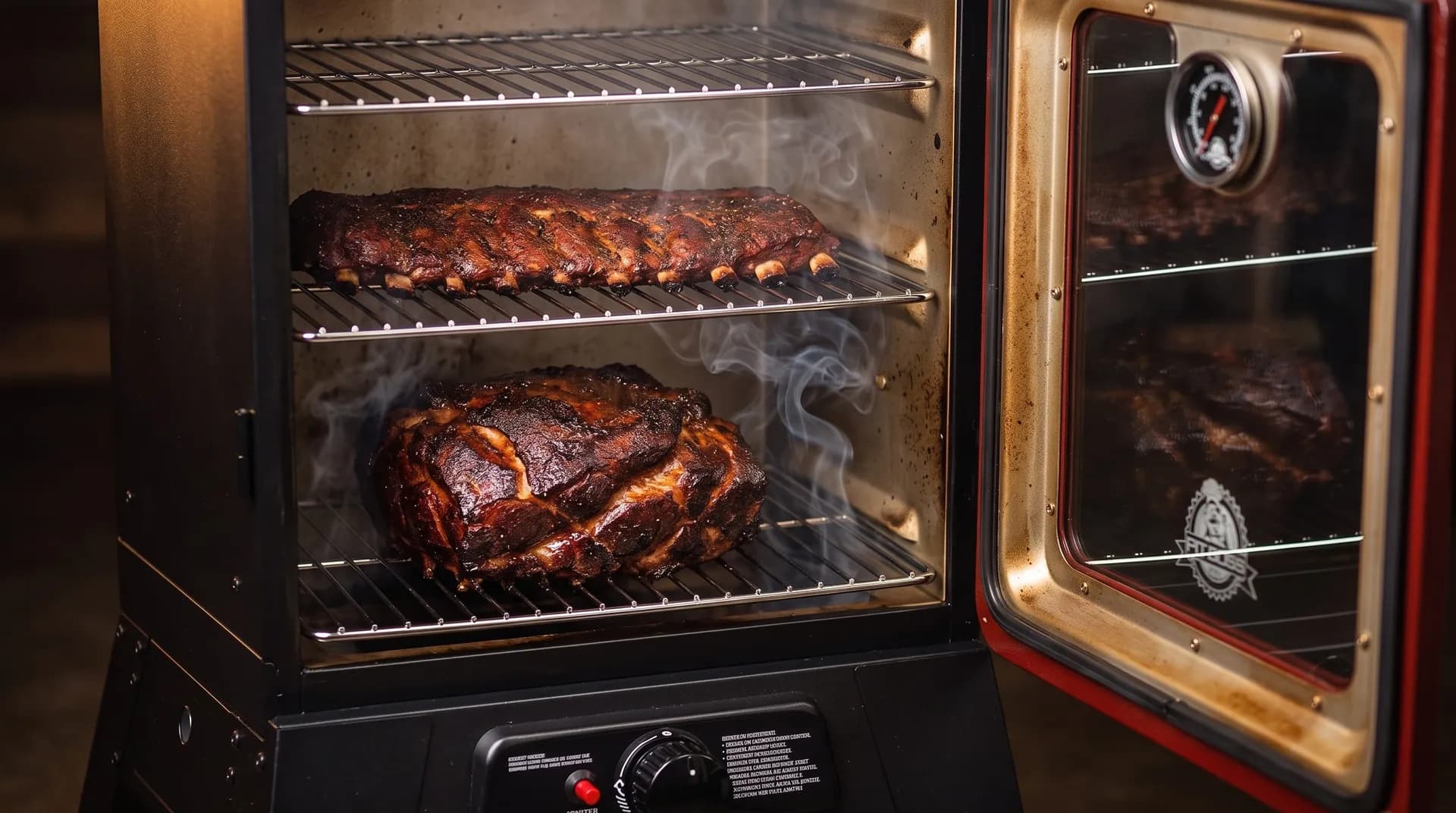 Ribs and a pork shoulder with dark bark on the racks inside an open vertical smoker