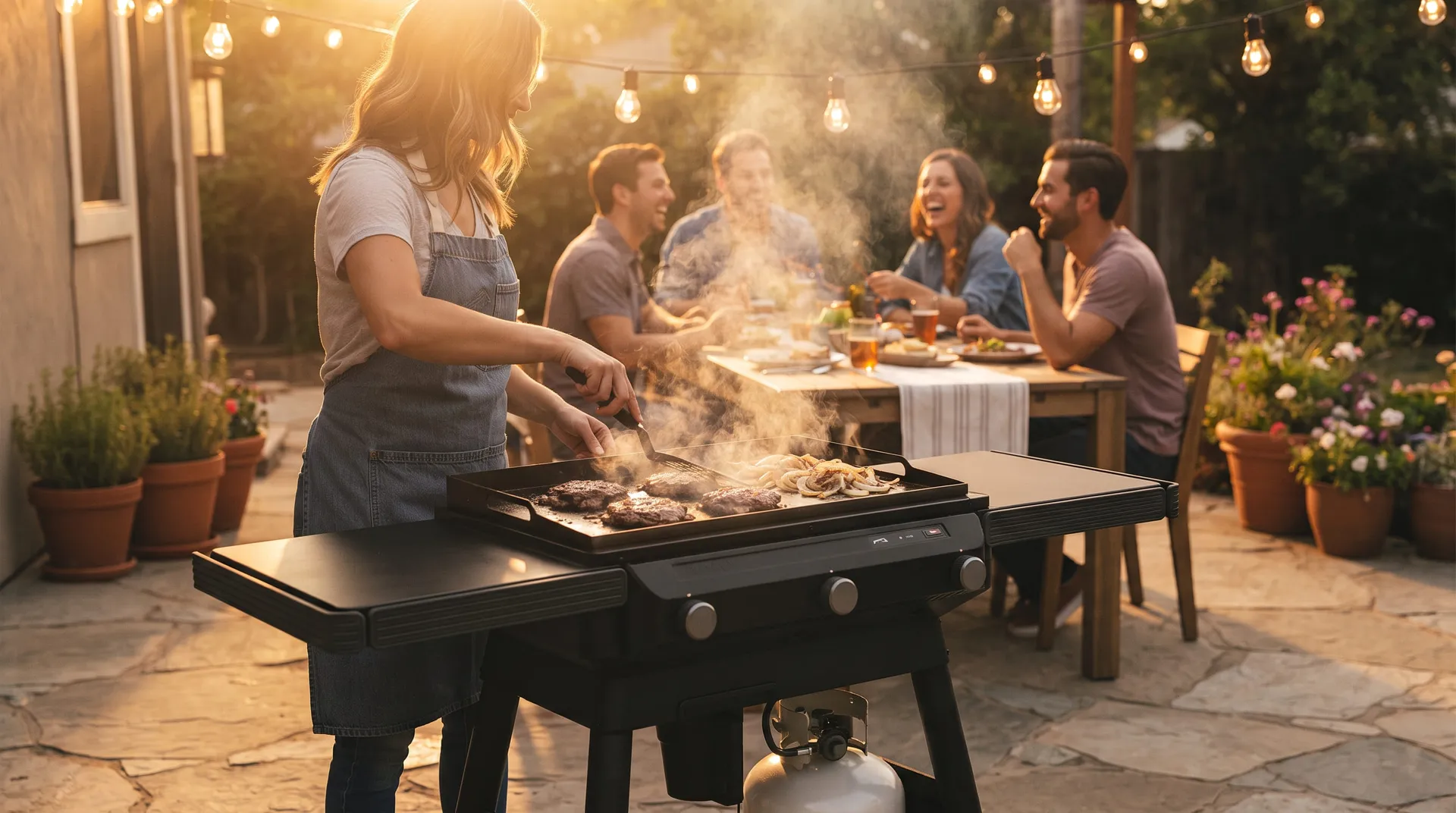 Woman cooking burgers on a Traeger Flatrock griddle while friends share dinner at a patio table