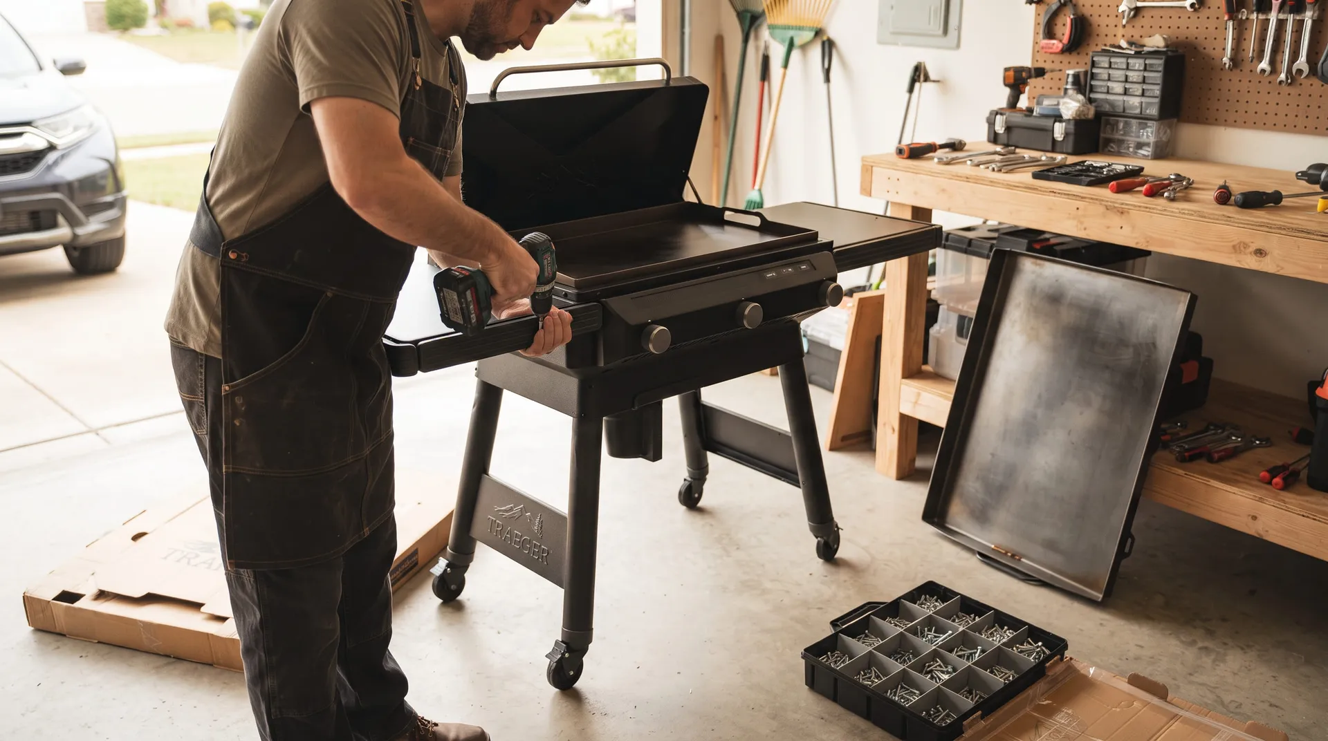 Man assembling the cart of a Traeger Flatrock griddle with a drill in a garage