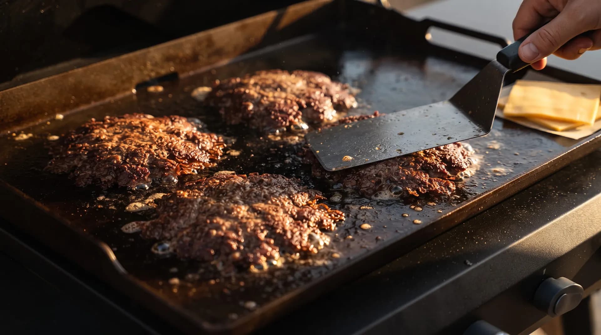 Spatula pressing a smash burger with crisp lacy edges on a seasoned black steel griddle top