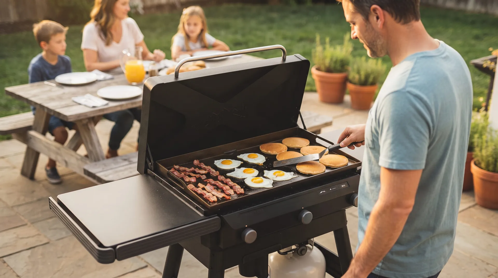 Family breakfast with eggs, bacon and pancakes cooking across three zones of a Traeger Flatrock griddle