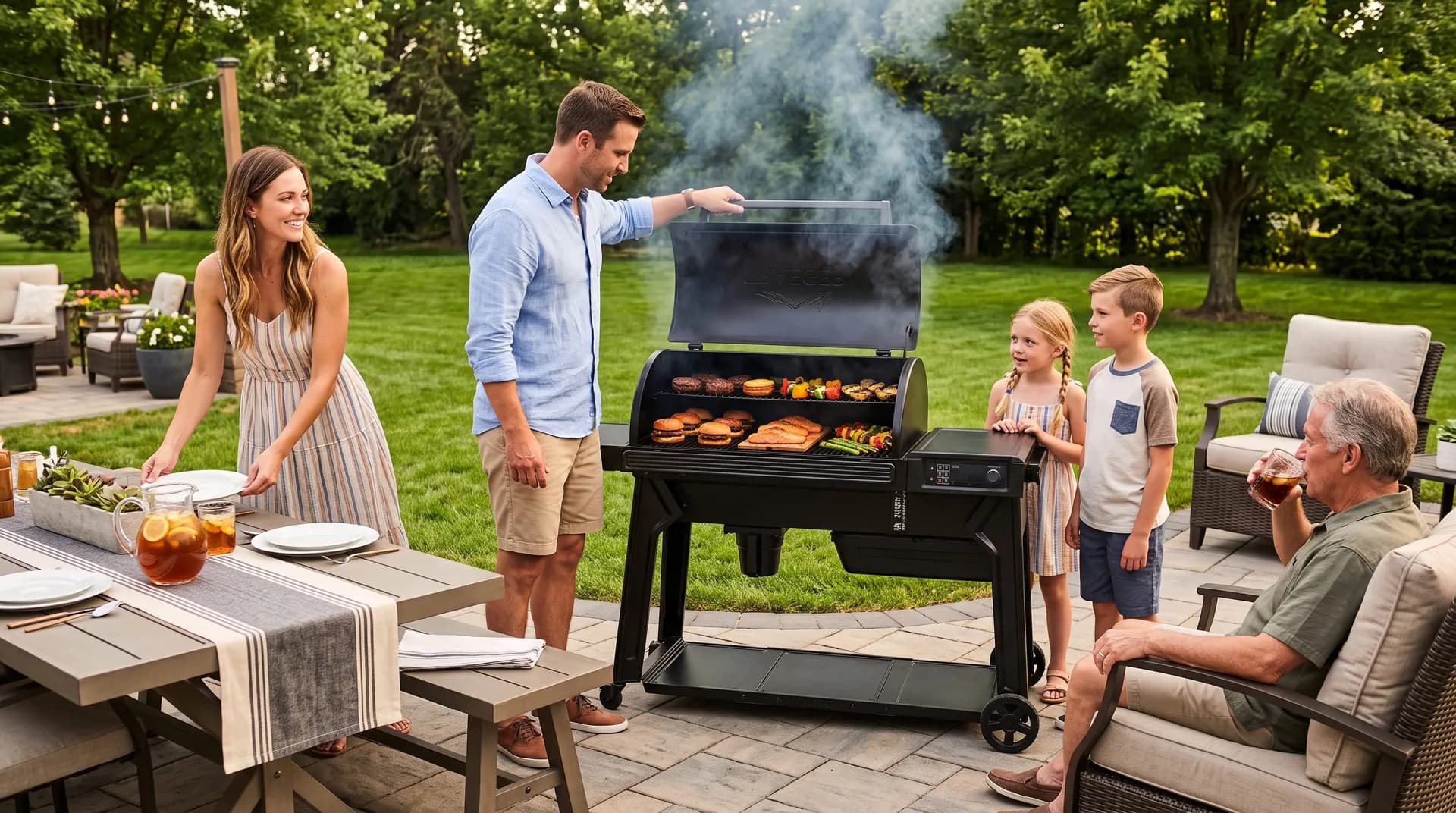 Family on a backyard patio as a man tends the smoking pellet grill loaded with food