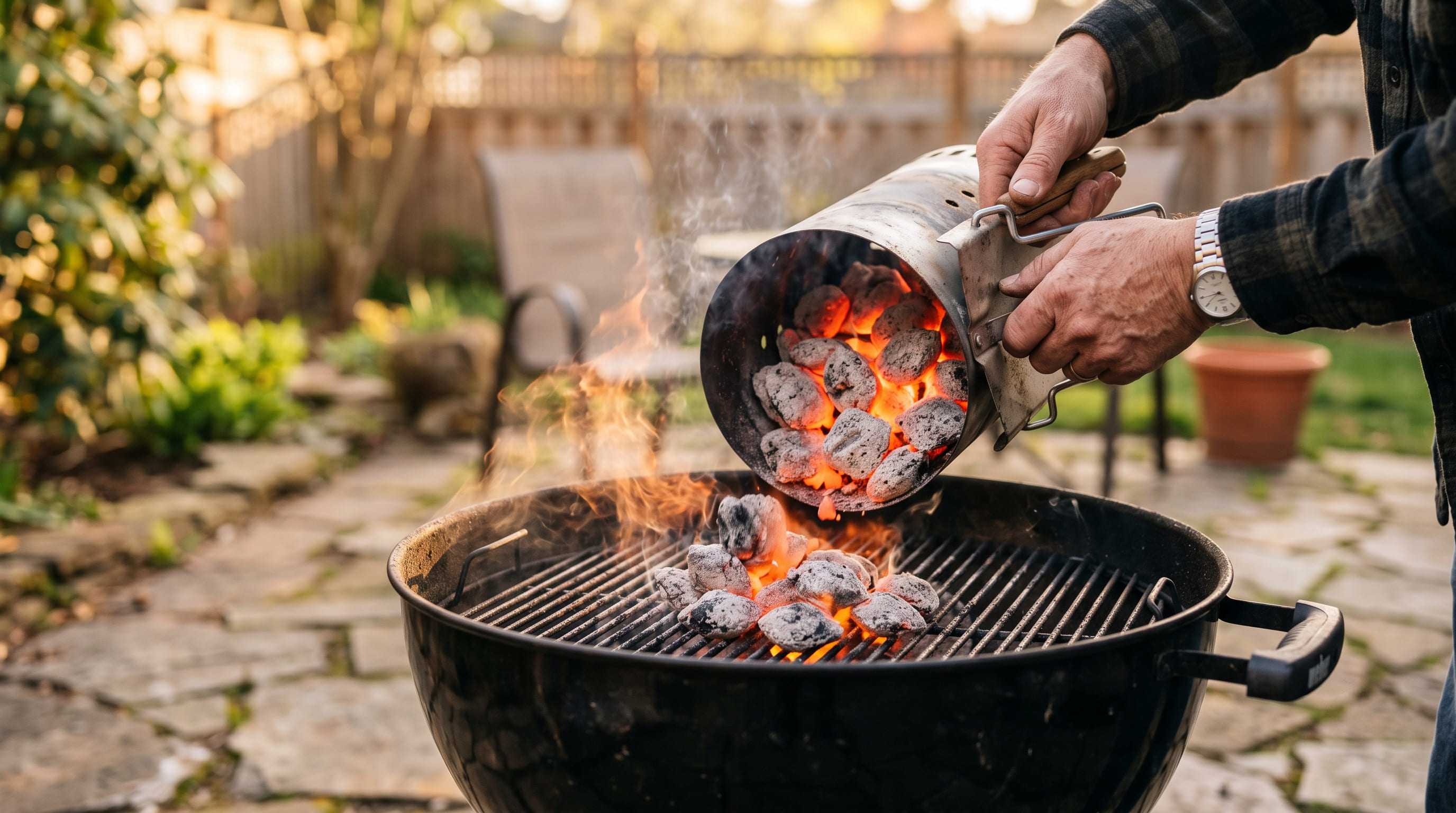 Pouring Ashed Coals Into Kettle Grill Pouring Ashed Coals Into Kettle Grill